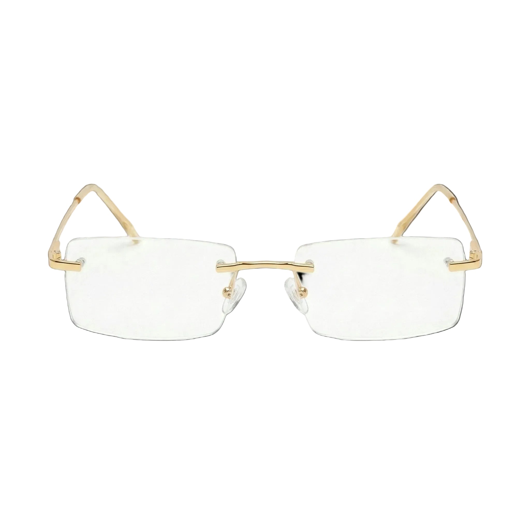Gold-framed eyeglasses on a white background