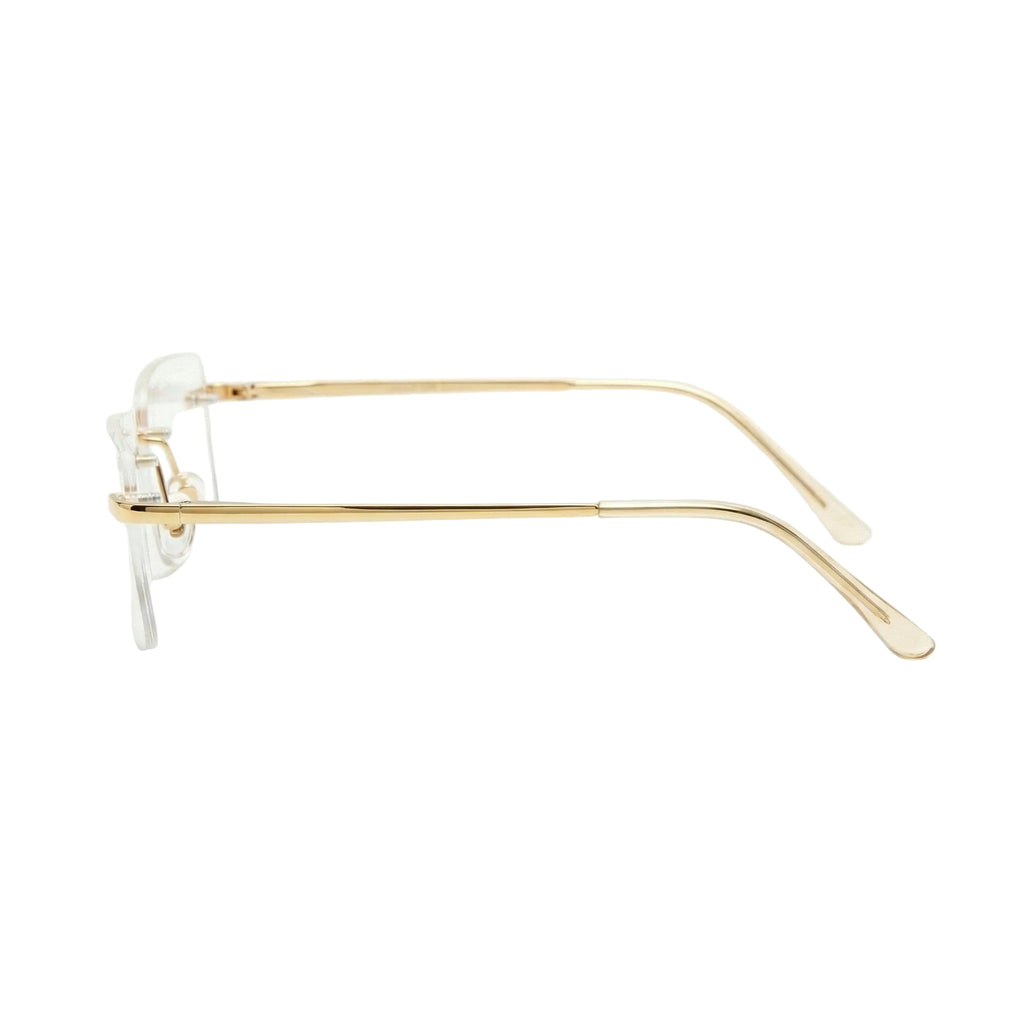 Gold-framed eyeglasses on a white background