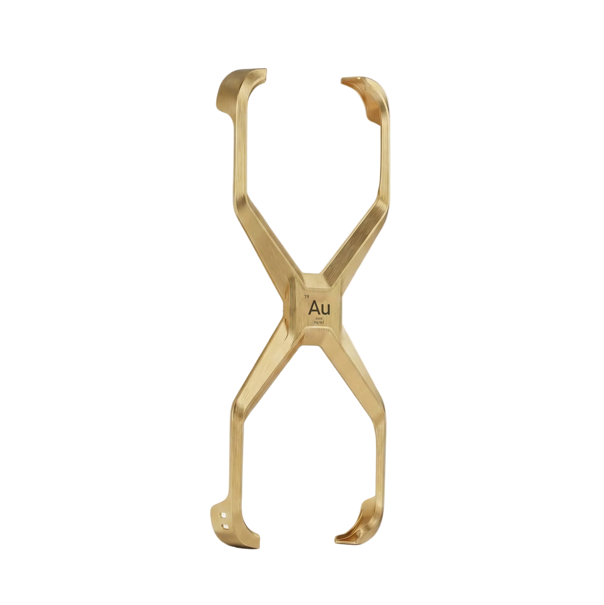 Gold metal tongs with 'Au' marking on a white background